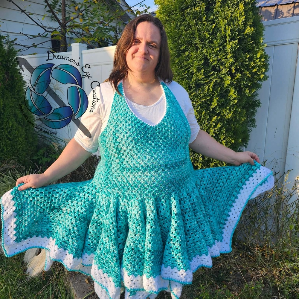 Turquoise and White Crochet Dress with Halter Style Top
